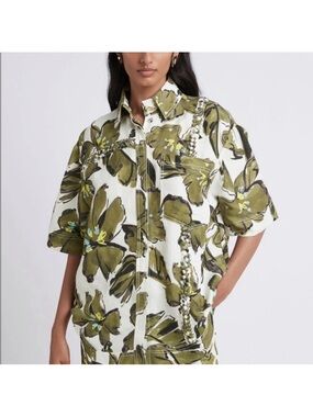 Aje Oasis Olive Leaf Braided Short Sleeve shirt Resort leaf linen